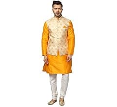 Uri and MacKenzie Men's Silk Blend Kurta Churidar Pyjama with Stylish Nehru Jacket