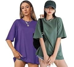 London Hills Women's Cotton Loose Casual Round Neck Solid, Drop Shoulder T-Shirt...