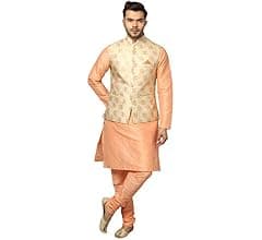 Uri and MacKenzie Men's Silk Blend Kurta Churidar Pyjama with Stylish Nehru Jacket