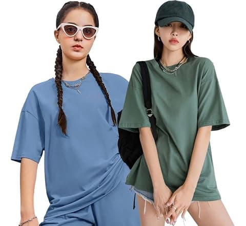 London Hills Women's Cotton Loose Casual Round Neck Solid, Drop Shoulder T-Shirt...