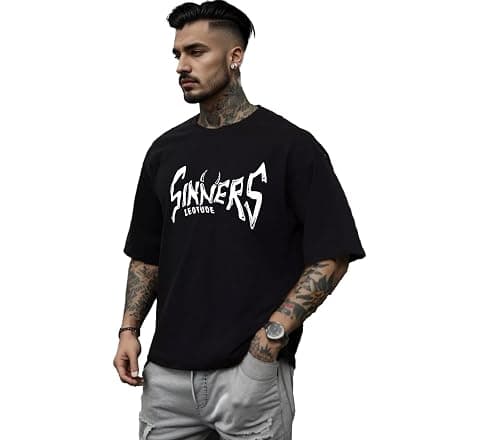 LEOTUDE Men's Oversized Cottonblend Round Neck Half Sleeve Drop Shoulder Regular...