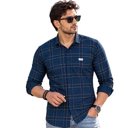 Majestic Man Slim Fit Cotton Casual Check Shirt for Men