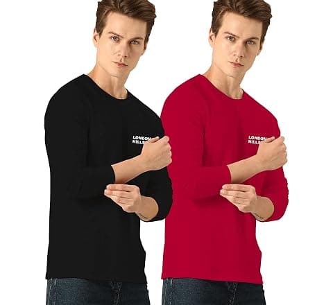 London Hills Men's Cotton - Regular Fit Round Neck Full Sleeve T-Shirt (Pack of 2)