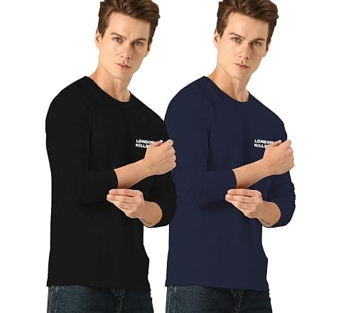 London Hills Men's Cotton - Regular Fit Round Neck Full Sleeve T-Shirt (Pack of 2)