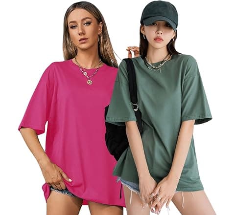 London Hills Women's Cotton Loose Casual Round Neck Solid, Drop Shoulder T-Shirt...